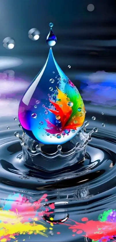 Colorful waterdrop with artistic splash on black background.