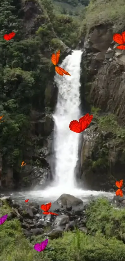 Waterfall with colorful butterflies in nature setting.