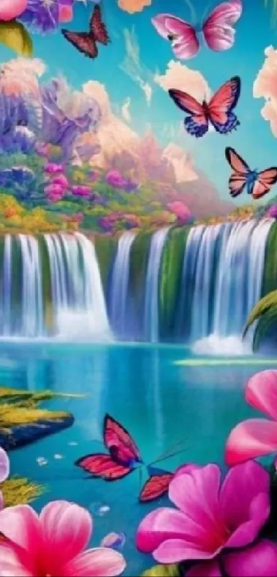 Colorful waterfall and butterflies wallpaper with lush flowers.