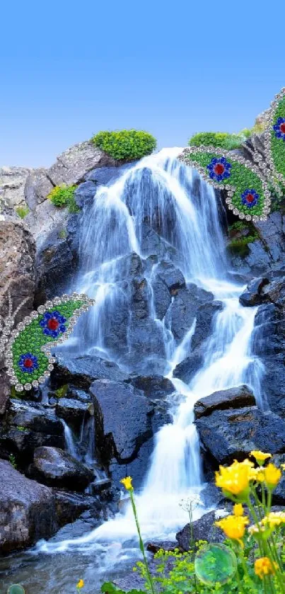 Vibrant waterfall with butterflies and flowers wallpaper.