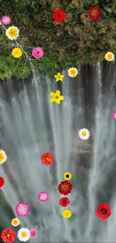 Colorful flowers cascading over a waterfall.