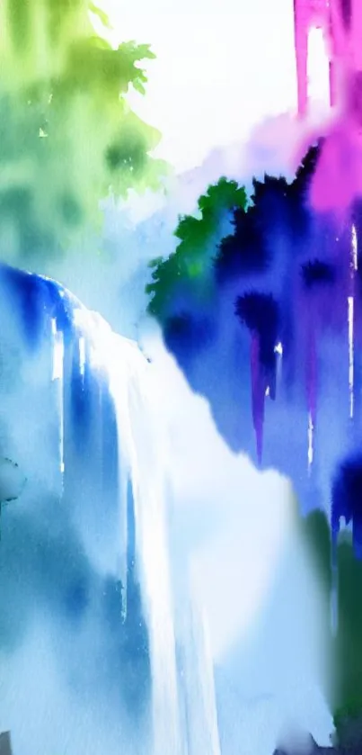 Vibrant watercolor art of a waterfall in blue and green hues.