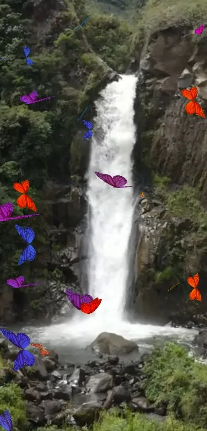 Waterfall with colorful butterflies in a vibrant nature scene.