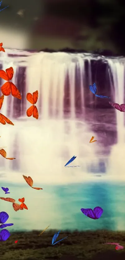 Colorful butterflies around a cyan waterfall.