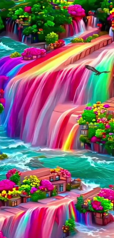 Colorful waterfall scene with vibrant gardens and a dreamy landscape.