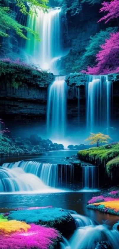 Vibrant fantasy waterfall with colorful nature elements.