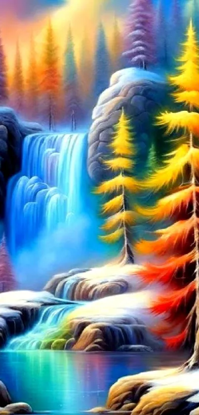 Colorful fantasy art with waterfall and vibrant forest.