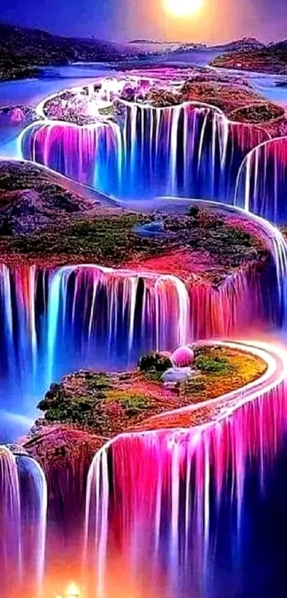 Vibrant fantasy waterfall with vivid colors and a dreamlike ambiance.