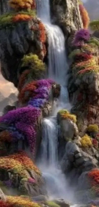 A vibrant waterfall in a fantasy landscape with colorful flowers.