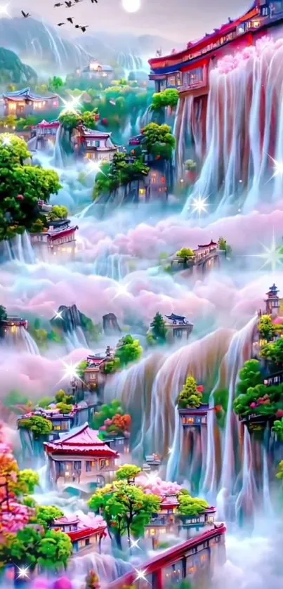 Vibrant fantasy art with waterfalls cascading through lush greenery.