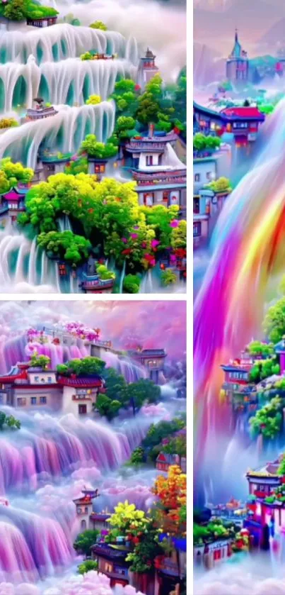 Vibrant fantasy wallpaper featuring colorful waterfalls and lush landscapes.