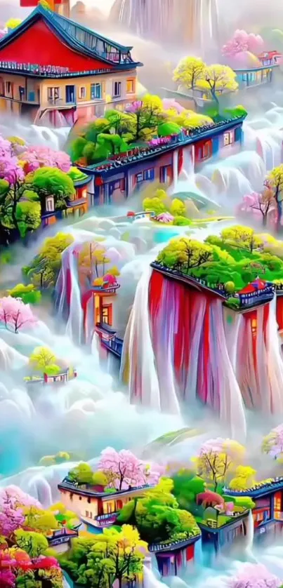 Fantasy landscape with waterfalls and vivid colors in a dreamlike setting.