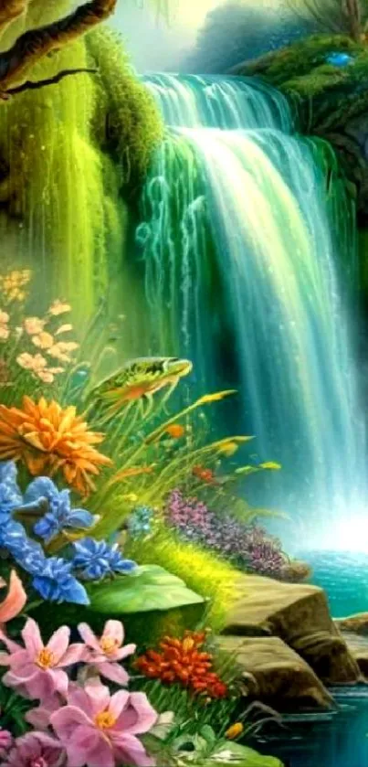 Waterfall paradise with vibrant flowers and lush greenery.
