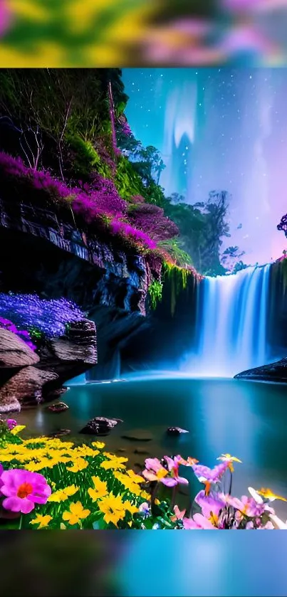 Fantasy waterfall with vibrant flowers and lush greenery.