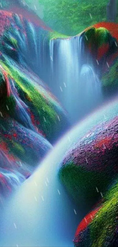 Colorful fantasy waterfall with lush green and vibrant hues.