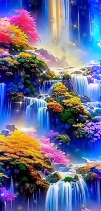 Colorful fantasy waterfall landscape mobile wallpaper.