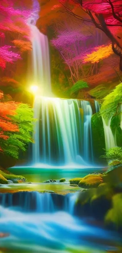 Vibrant forest waterfall with colorful foliage, capturing natural beauty.