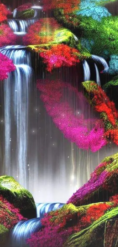 Vibrant colored waterfall in a lush forest with green, pink, and blue hues.