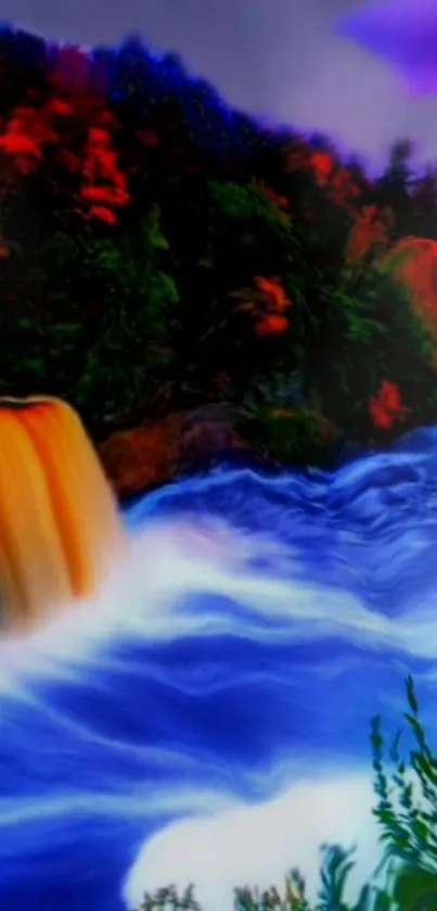 Vibrant waterfall with blue river and autumn foliage in digital art style.