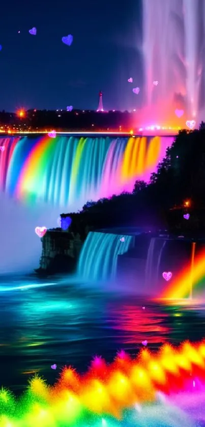 Colorful waterfall illuminated with vibrant lights at night.