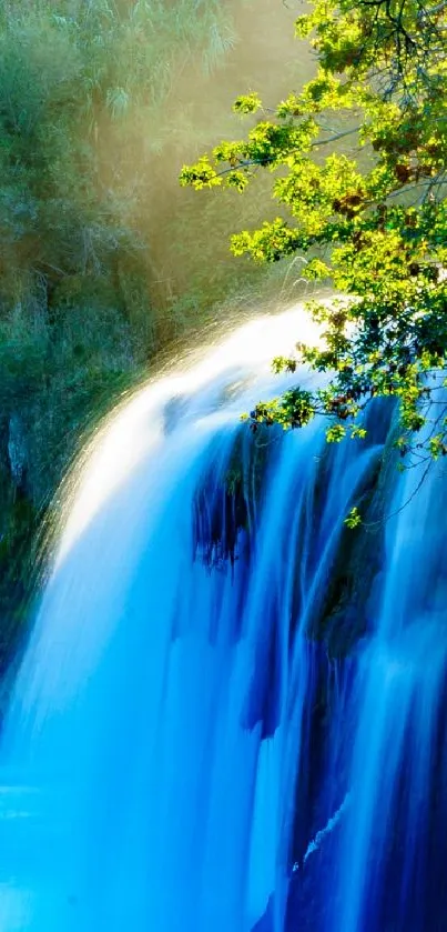 Vibrant blue waterfall surrounded by lush green foliage.