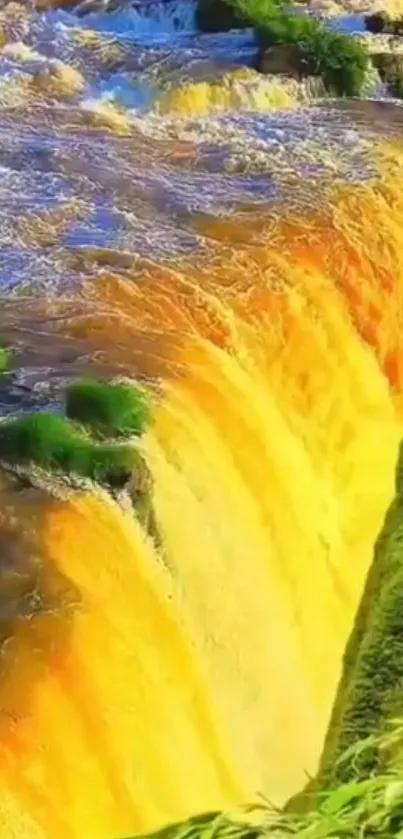 Vibrant golden waterfall with lush green surroundings.