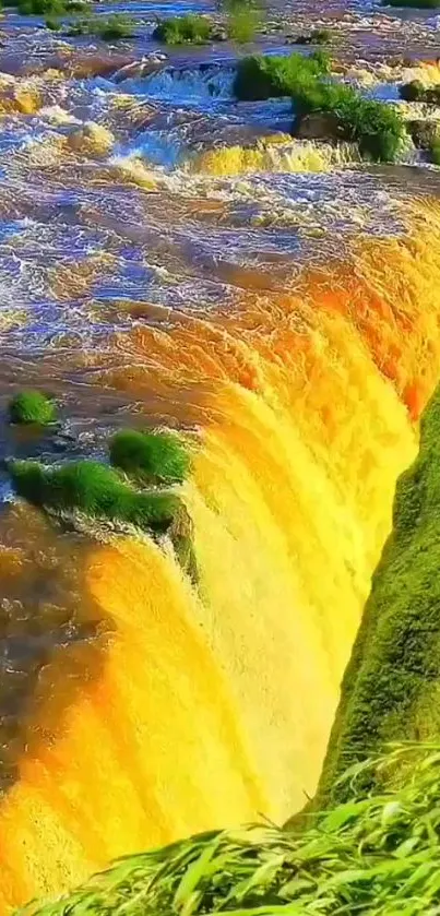 Vibrant waterfall cascading with lush green moss and colorful water.