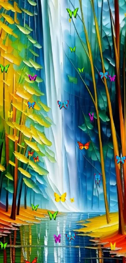 Vibrant and colorful abstract nature art with waterfall and trees.