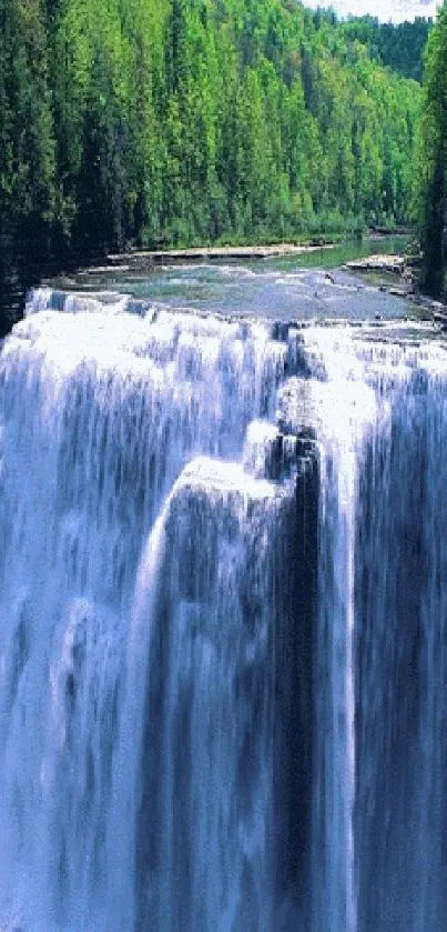 Waterfall cascading through lush green forest with bright blue sky.