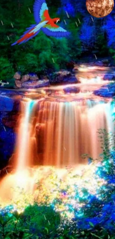 Vibrant waterfall with parrot in lush blue and green nature scene.