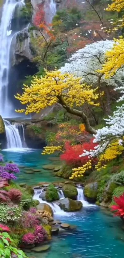 Vibrant nature wallpaper featuring a colorful waterfall with blossoming trees.