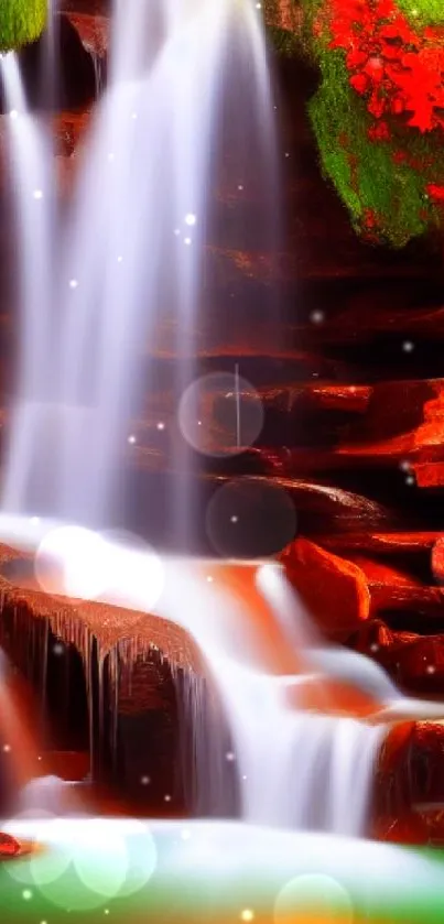 Vibrant waterfall with red leaves in lush greenery.