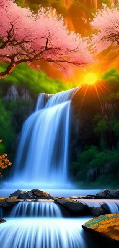Vibrant waterfall and nature scenery with lush greenery and colorful hues.