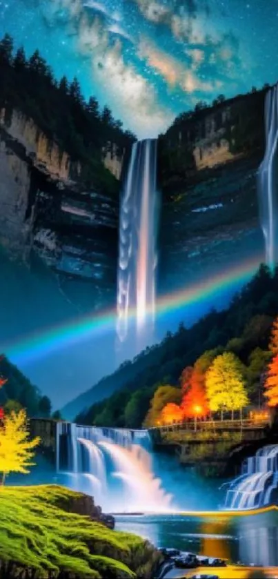 A vibrant waterfall with a rainbow over a forested landscape.