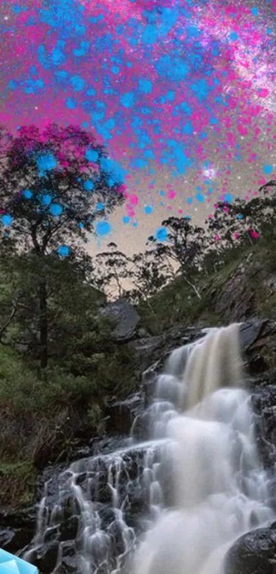 Colorful night sky over a waterfall with vibrant hues.