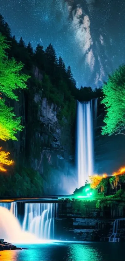 Vibrant waterfall under starry night sky with illuminated trees.