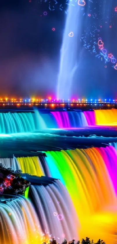 Colorful waterfall illuminated at night, creating a vibrant and tranquil scenery.