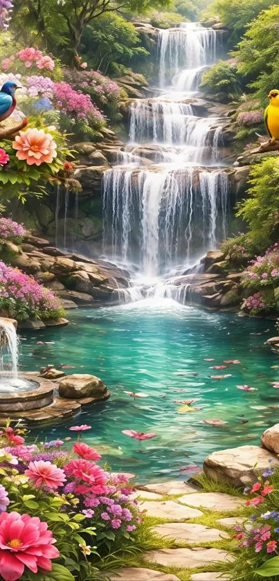 Vibrant natural waterfall with birds and flowers.