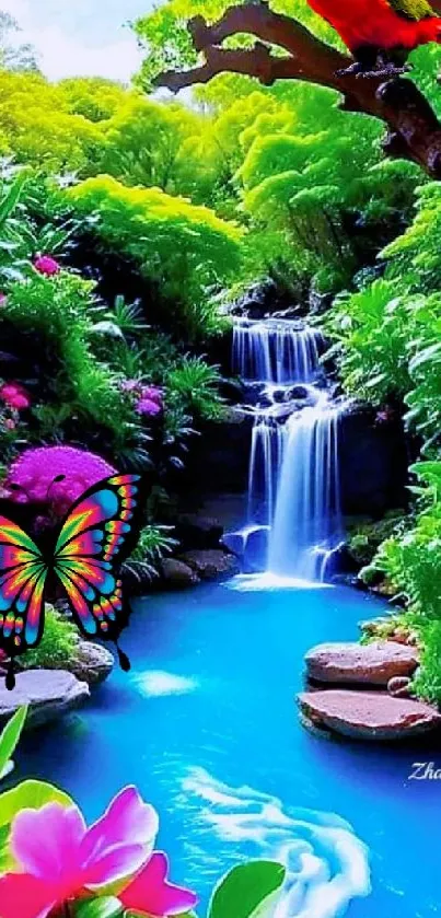 Vibrant waterfall with colorful butterfly and lush greenery