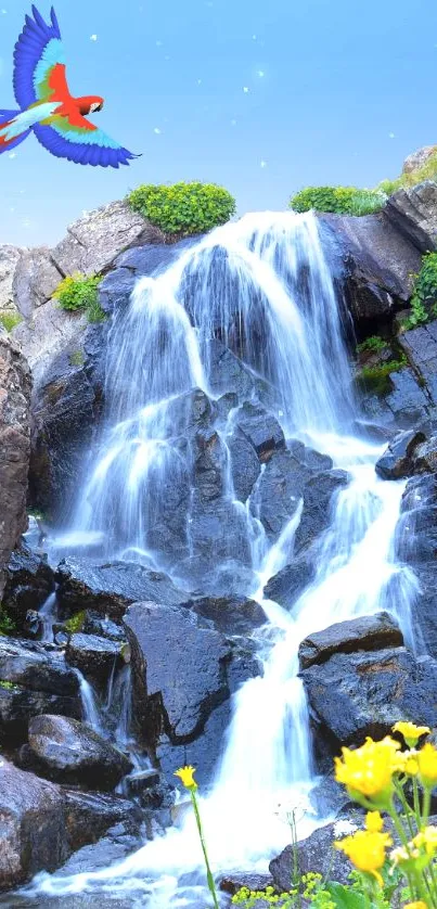 Lush landscape with a waterfall and a soaring parrot under blue skies.