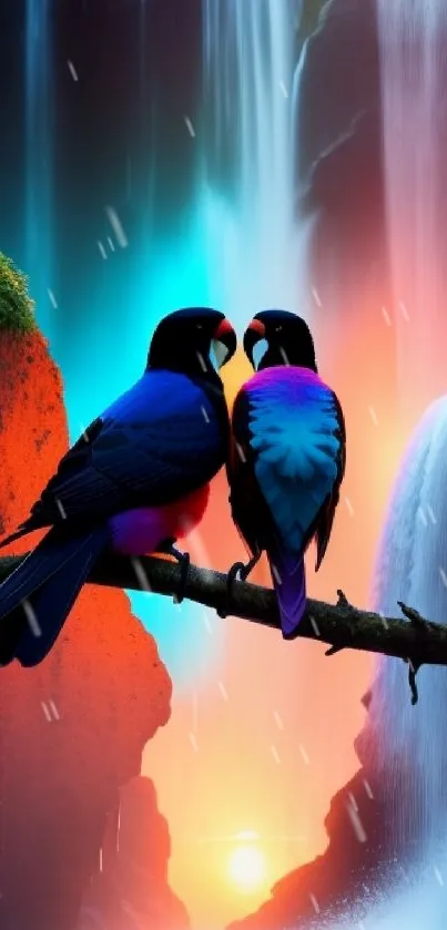 Colorful parrots perched against a waterfall background at sunset.
