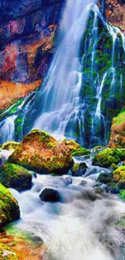 Vibrant waterfall cascading over rocks with lush greenery.