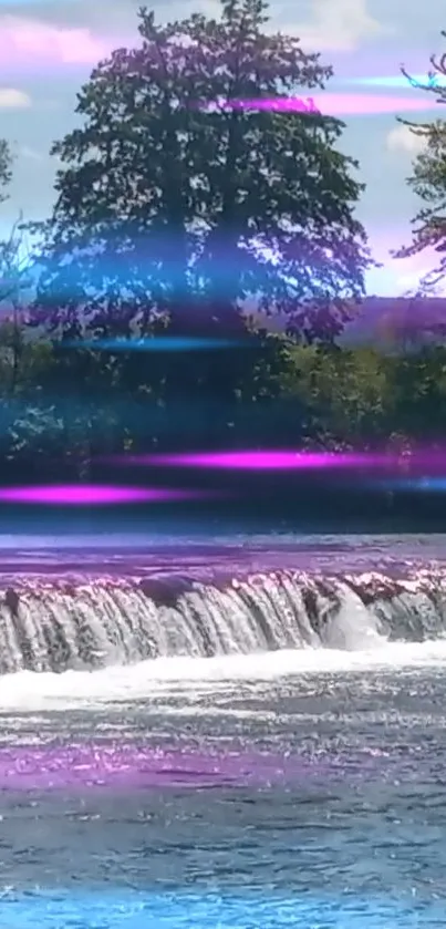 Vibrant waterfall under colorful light streaks, perfect for phone wallpaper.