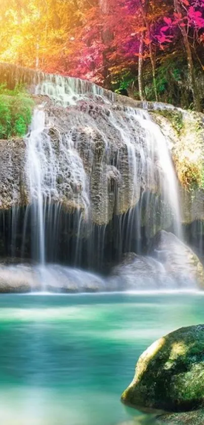 Colorful waterfall with lush greenery and vibrant leaves.