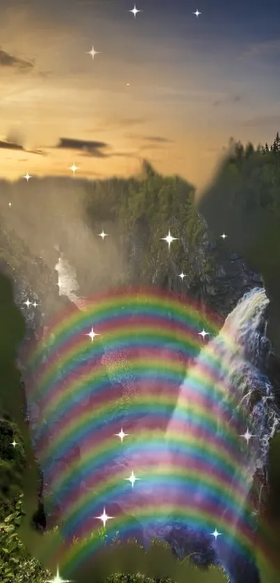 Waterfall with rainbow and forest under starlit sky.