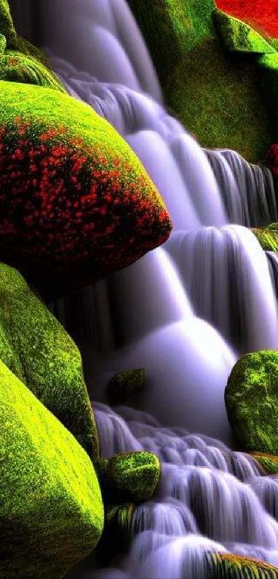 Vibrant waterfall with green moss-covered rocks under a red sky.