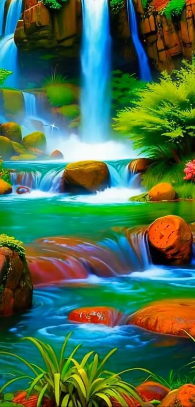 Vibrant waterfall with lush greenery creating a serene and colorful scene.