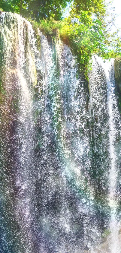 Vibrant waterfall cascading with green lush surroundings.