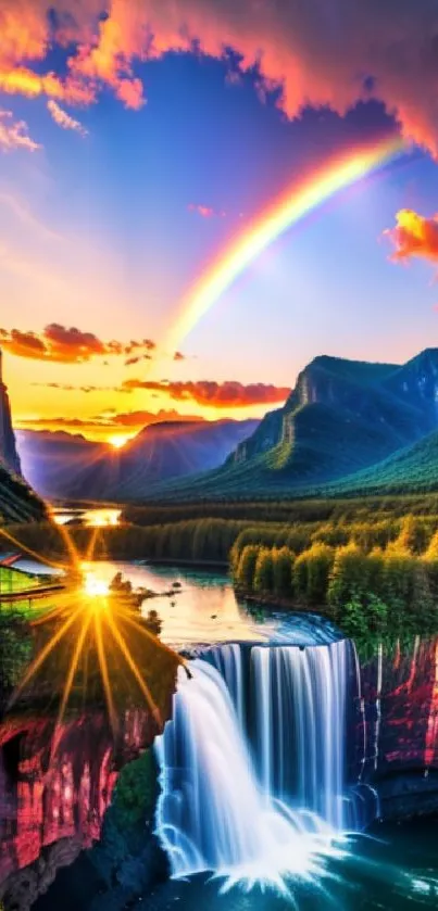 Waterfall and rainbow under a vivid sunset.