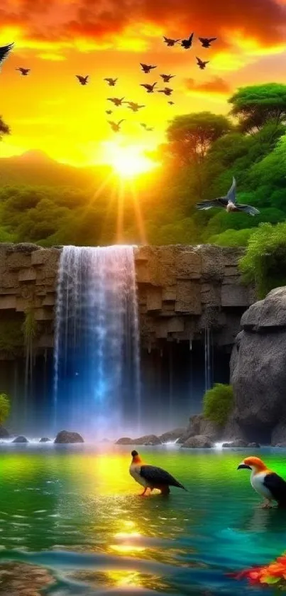 Vibrant wallpaper of a sunset waterfall with lush greenery and birds.